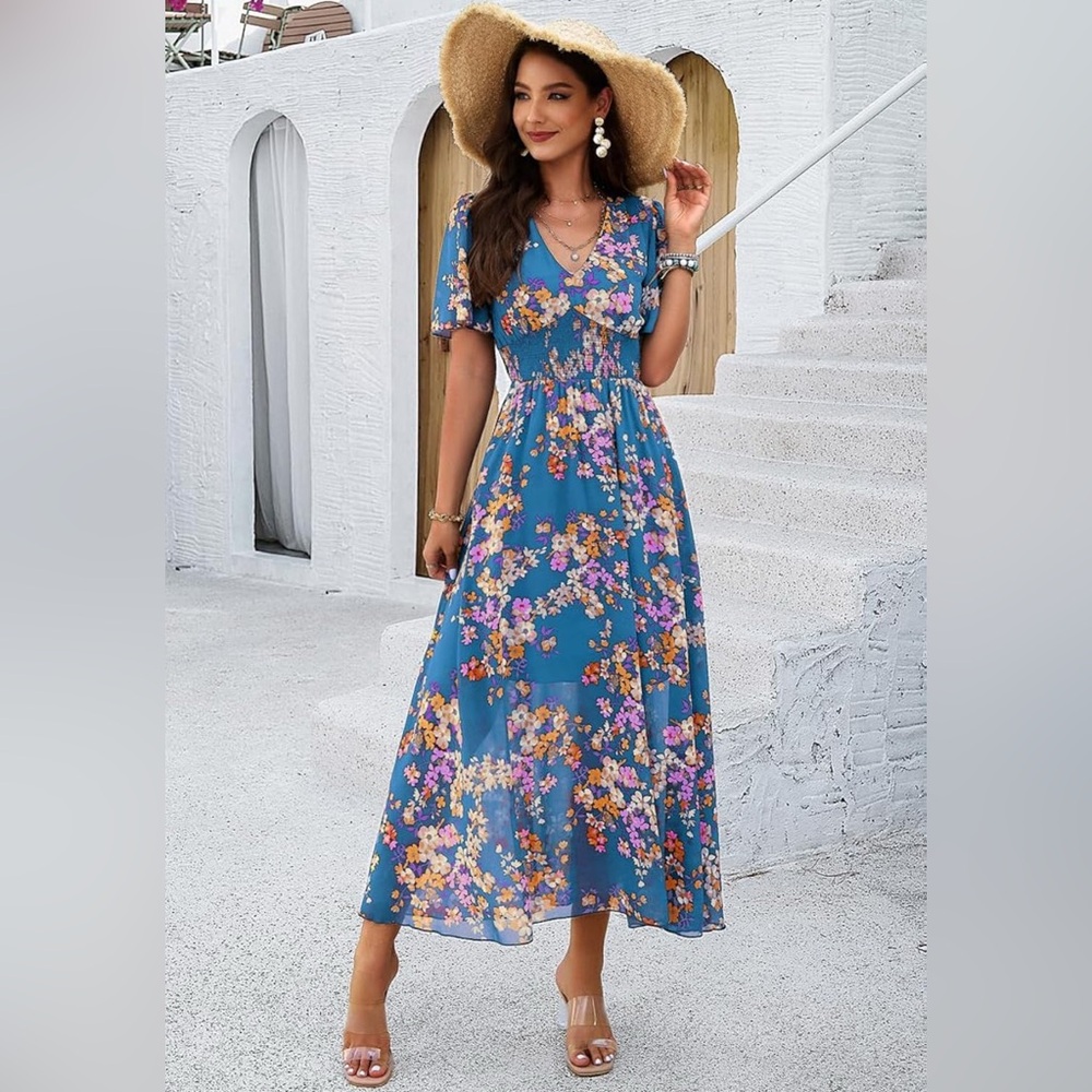 Floral V-Neck Short Sleeve Empire Waist Dress Boho Flowy Smocked Long Dress